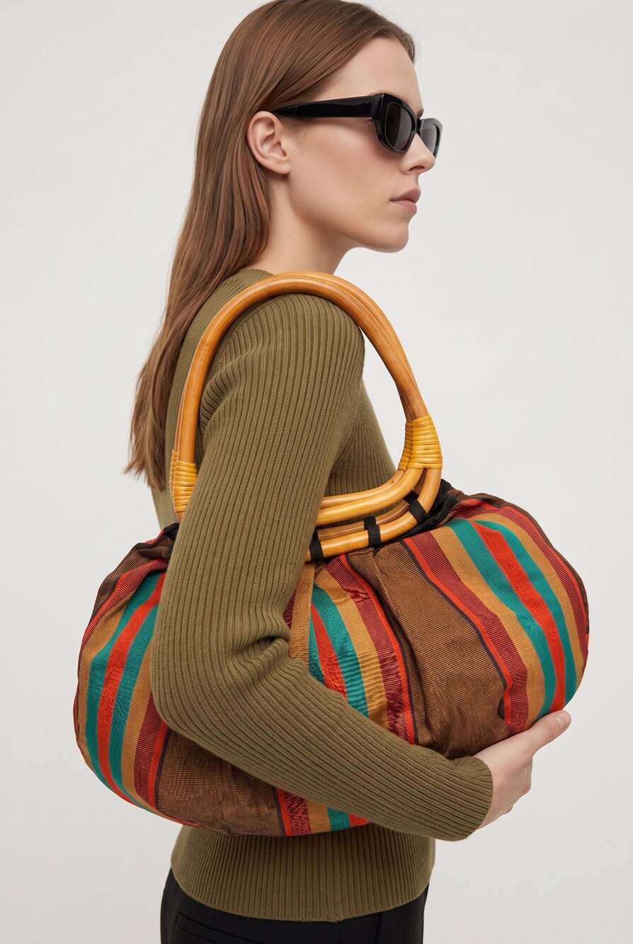 Putu By J. Maclear Bohemian Striped Fabric Hobo Bag with Rattan Handles